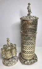 Vintage Sam Fink Jeweled Hairspray Holder Casket & filigree lipstick holder set