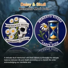 Memento Mori Memento Vivere Coin Daisy Skull Daily Stoicism Practice EDC Gift