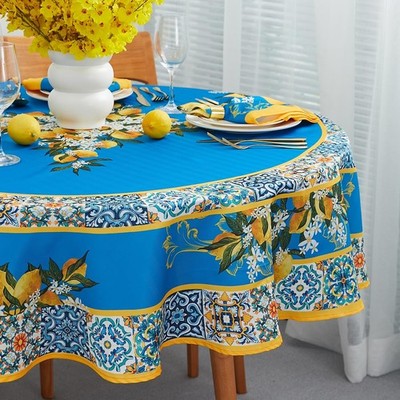 Provence Blue Lemon Mediterranean Tile Tabletop for Spring Summer Decorations,