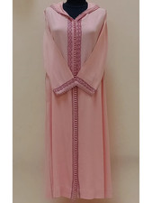 Moroccan Women Pink Djellaba Hooded Dress Traditional Embroidered Kaftan