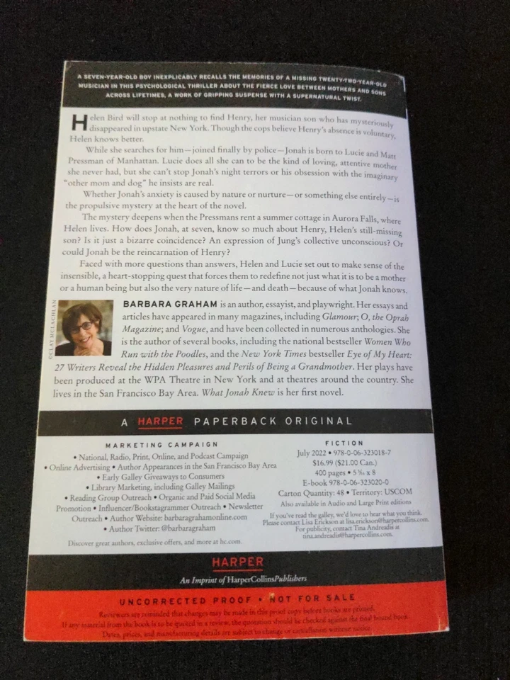 Uncorrected Proof - What Jonah Knew : A Novel by Barbara Graham 2022 PB ARC  - Image 4 of 4