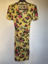 Ingenue Faux Wrap Dress Size UK8 Yellow Floral Pattern Short Sleeve V Neck