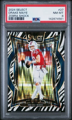 2024 Drake Maye #27 Panini Select Concourse Zebra Shock Prizm RC Patriots PSA 8