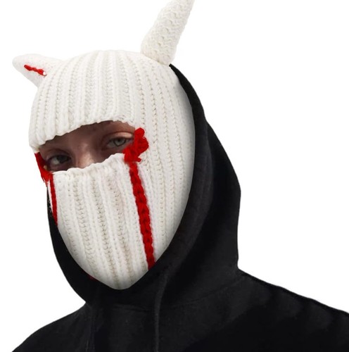 Beanie Balaclava White Knitted Winter Full Cover Face Mask w/ Horns & Blood - Picture 3 of 6
