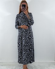 Ladies Black Blue Swirl Print 3/4 Sleeved Collared Maxi Shirt Dress Size S, 8-10