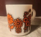 VINTAGE 1960's HAZEL ATLAS MILK GLASS ORANGE FLOWER POWER COFFEE MUG — photo 1