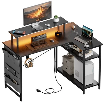 HLDIRECT L Shaped Computer Desk with LED Light & Power Outlets, Corner Desk with Side Bag
