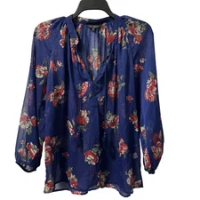 Lucky Brand Floral Sheer Blouse Sz M Blue Red Polyester Womens Top