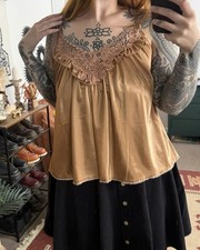 Whimsygoth Boho Gold Satin Lace Trim Flowy Cami Strappy Top