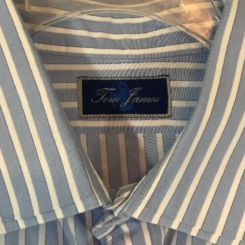 Camisa Tom James Hecha a Medida EE. UU. Talla 51" Azul Blanco Rayas Puño Francés Foto 2 de 4