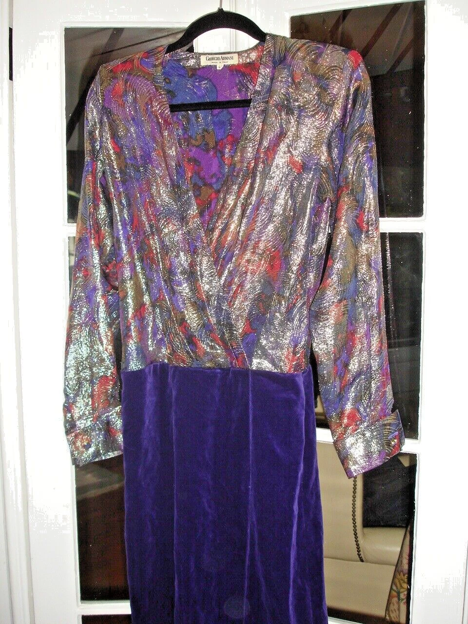 Giorgio Armani — 80s GIORGIO ARMANI GLAM SILK LAME VELVET DEEP V PLUNGE EVENING GOWN DRESS ITALY