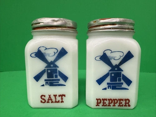 Vintage Milk Glass Blue Dutch Windmill Salt & Pepper Shaker Set USA