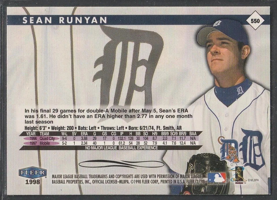 Original Autograph, Sean Runyan RC; Detroit Tigers, 1998 Fleer Tradition, #550 - Image 2 of 2