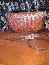 Vintage Genuine Snake Skin Weave Shoulder Bag 2 tone Brown