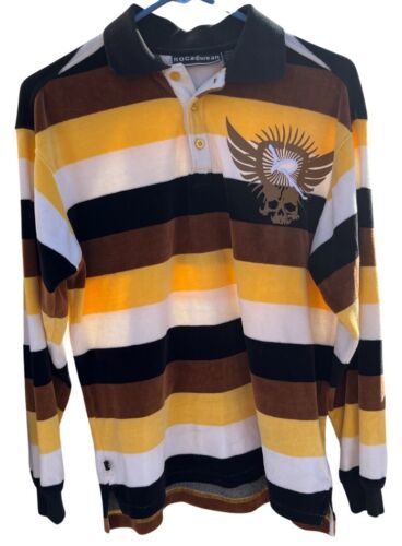 Rocawear Velour Shirt Mens Medium Striped Brown Ye