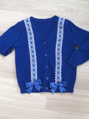 MÄDCHEN SCHULE CARDIGAN V-AUSSCHNITT ALTER 3-14 STRICK SPITZE BAND SCHLEIFEN JEDE FARBE ROMANY