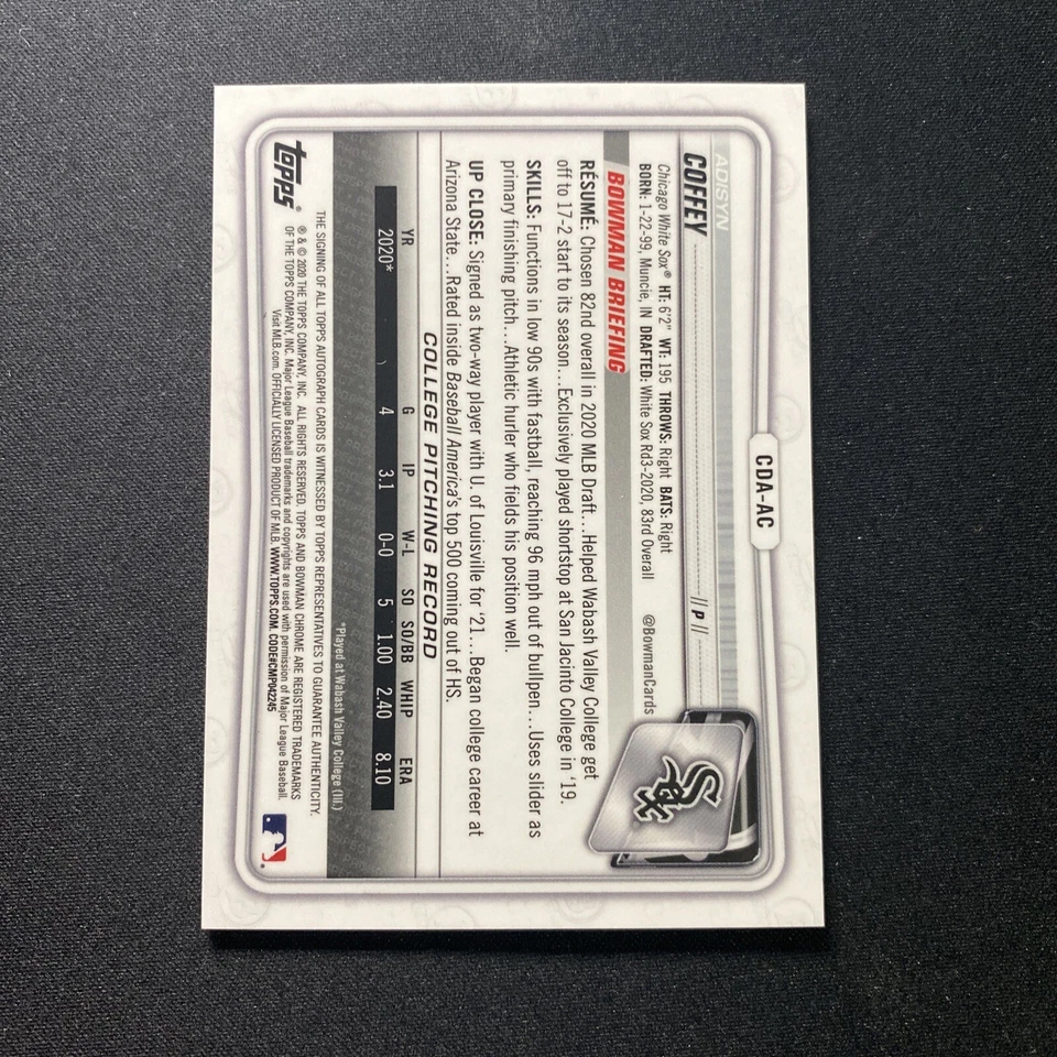 Adisyn Coffey 2020 Bowman Draft Purple Refractor Auto #/250 1st White Sox RC - Image 2 of 2