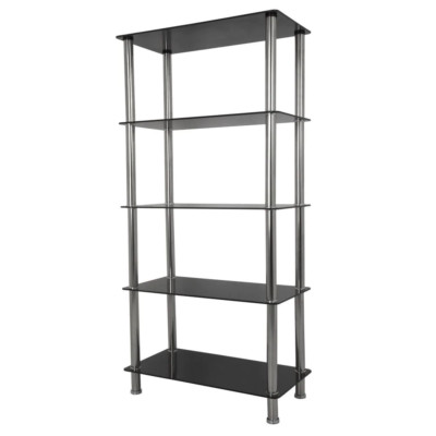 5-Tier Metal Shelving Unit Impact Resistant Black & Chrome Glass Durable Storage