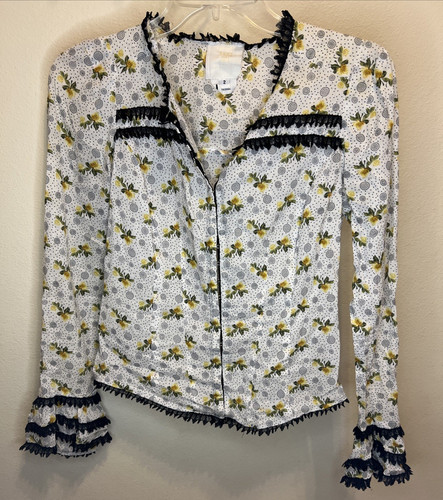 Anna Sui, Anna Sui For Anthropologie Daffodil Floral Print Vintage sz 2 Lace Ruffle Blouse