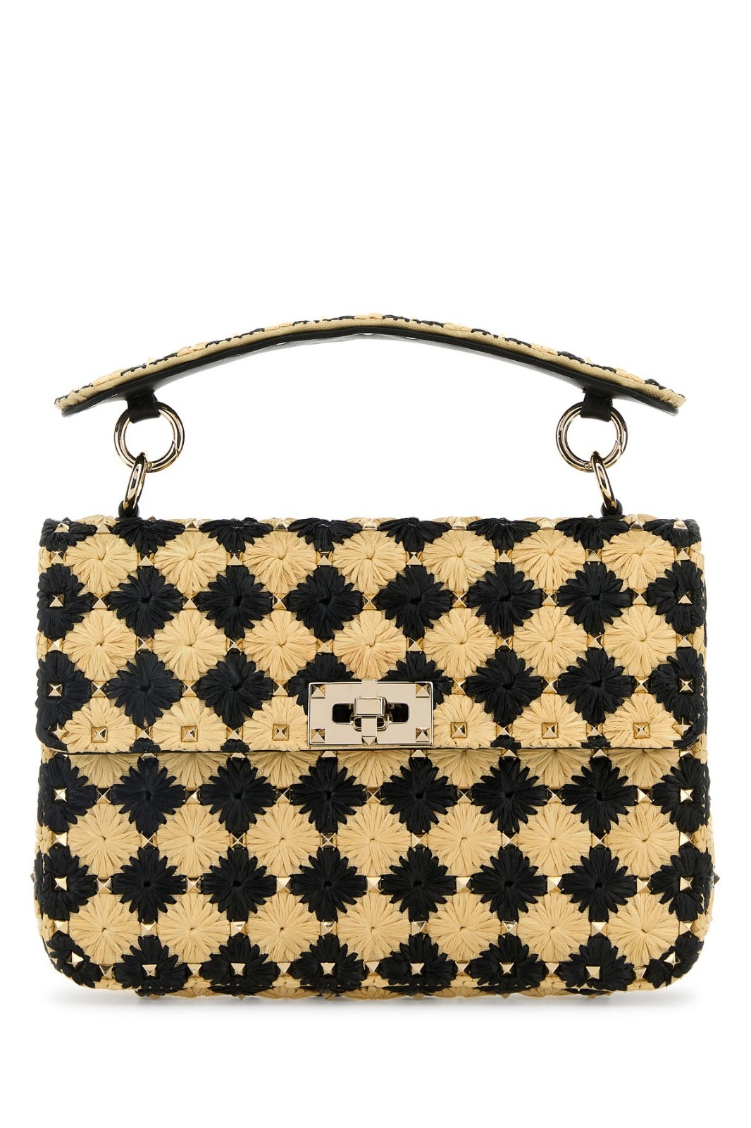 VALENTINO GARAVANI Rockstud Spike Medium Black Yellow Raffia Shoulder Bag New