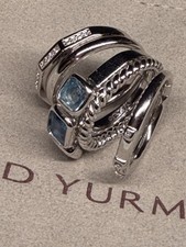 David Yurman Sterling Silver Ring Blue Topaz stax cable five row size 7