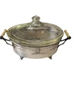 VINTAGE PYREX DISH FLORAL ETCHED LID AND ORNATE SILVER PLATED HOLDER WITH FEET