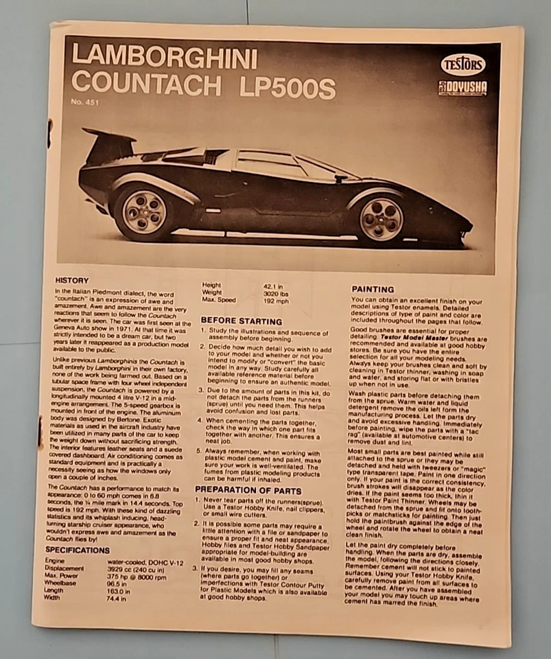 Testors Lamborghini Countach LP 500S 1:12 No Box # 451 Limited Edition Complete - Image 2 of 4
