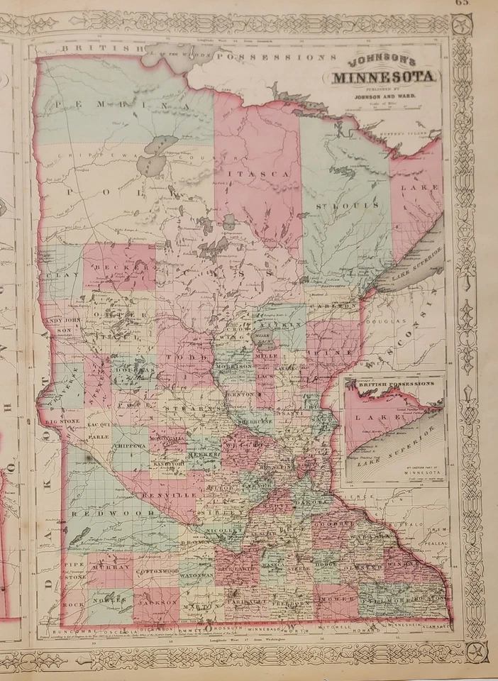 Antiguo mapa original del atlas de Johnson de 1865 Oregon Washington Minnesota coloreado a mano Foto 3 de 4