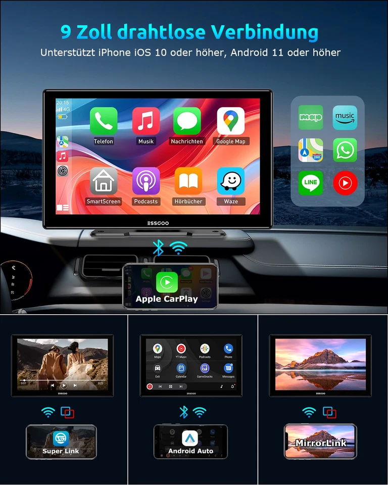 Tragbarer Apple CarPlay und Android Auto Wireless Display Autoradio 9-Zoll - Bild 2 von 4