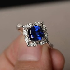 Women's Engagement Ring 14K White Gold Plated Lab Created Sapphire Cushion Cut