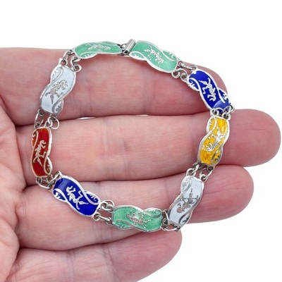 Vintage Sterling Silver 925 Thai Dancer Enamel Bracelet 7.25''