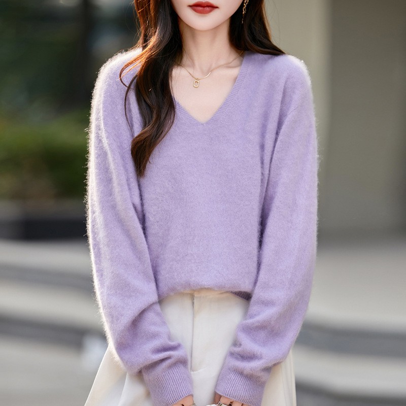 Winter V-neck Cashmere Women's Pullover Sweater Wool Loose Fitting Knit Sweaters