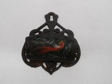 Vintage Cast Iron Match Holder - PA Dutch German Style Bird & Tulips Wall Mount 