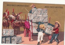 Anglo Swiss Condensed Milk Loading A Horse Cart with Cans Vict Card c1880s
