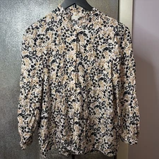 Loft Blouse Brown And Gold Floral Print Long Sleeve Collared Petite Size S