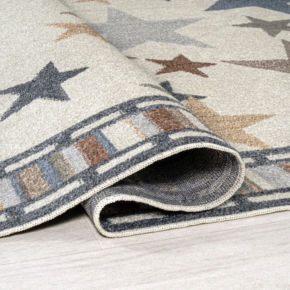 Alfombra interior lavable a máquina marfil/azul/naranja, 4x6, Star Gazer geométrica... Foto 4 de 4