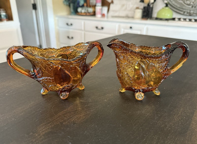 Vintage Deep Amber Glass Sweet Pear Cream & Sugar Set B24
