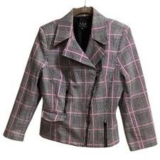 David Meister Plaid Moto Zip Jacket Blazer Wo...