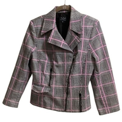David Meister Plaid Moto Zip Jacket Blazer Women s Size 10 Pink Black