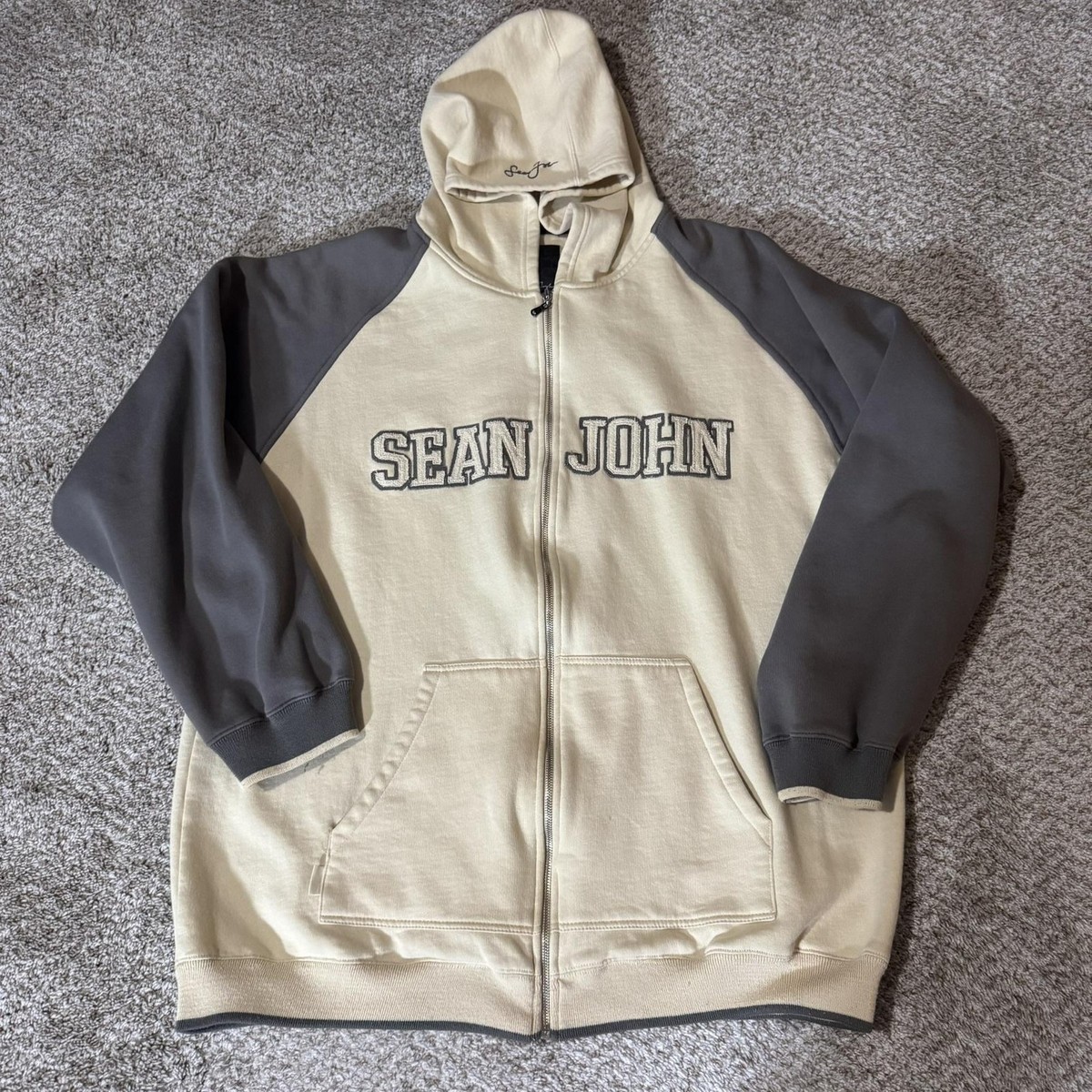 Sean John Hoodie Mens 2XL Beige Gray Full Zip Spell Out Sweatshirt