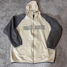 Sean John Hoodie Mens 2XL Beige Gray Full Zip Spell Out Sweatshirt Hip Hop XXL