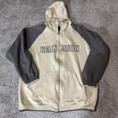 Sean John Hoodie Mens 2XL Beige Gray Full Zip Spell Out Sweatshirt