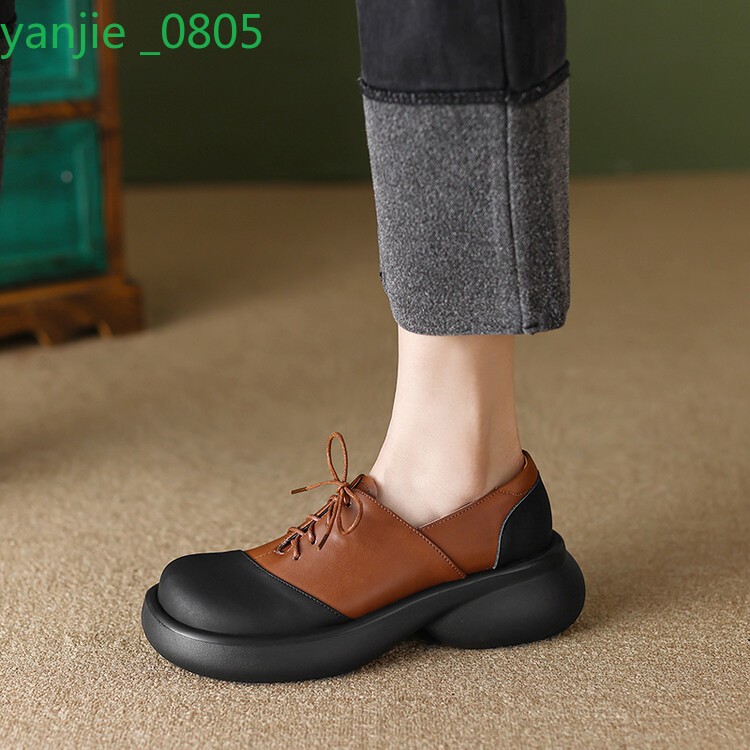 Matching Women's Leather Casual Shoes Round Toe Lace Up Block Heel Comfort Chic