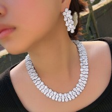 Women Shiny Silver Plated Cubic Zirconia Flower Cluster Wedding Prom Jewelry Set