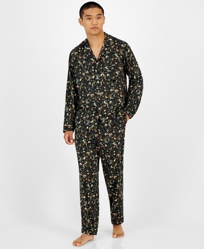 International Concepts Mens 2 Pc Long Sleeve Floral Pajama Set Black Large - 第 1/8 張圖片