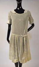 FLAPPER 1920  S PALE LEMON YELLOW COTTON MUSLIN DRESS W RIBBON TRIMS
