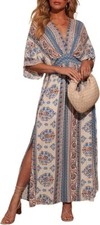 Women's Boho V Neck Batwing Short Sleeve Side Slit Floral Beach Maxi Dress