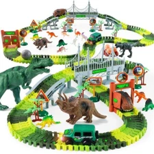 215 PCS Dinosaur Track Race Car Toy for Kids [Glow-in-the-Dark] Dino Playsets Xm