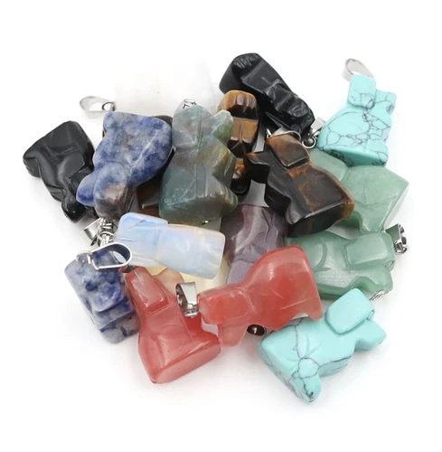 Natural Gemstone Crystal Carved Dog Pendant White Jade Unakite Sodalite Amethyst
