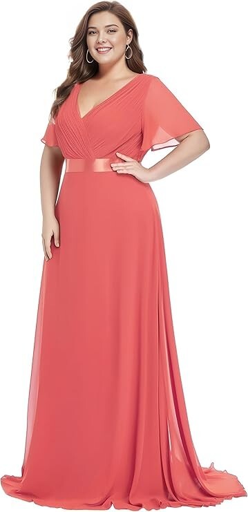coral plus size formal dresses Women's Ruffles Sleeves Floor Length Chiffon Gown, Sz US 18 B21 coral pink formal dress